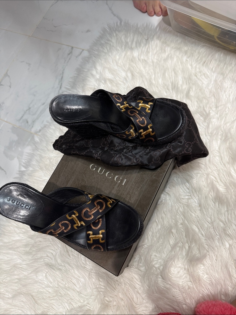 Gucci Black Leather Mules with Brown and Gold Horsebit Straps